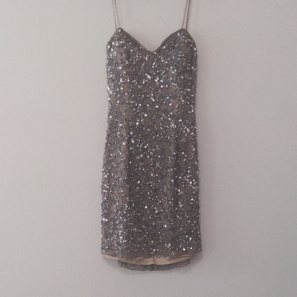 Scala Silver Sequin Mini Dress Spaghetti Strap Sweetheart